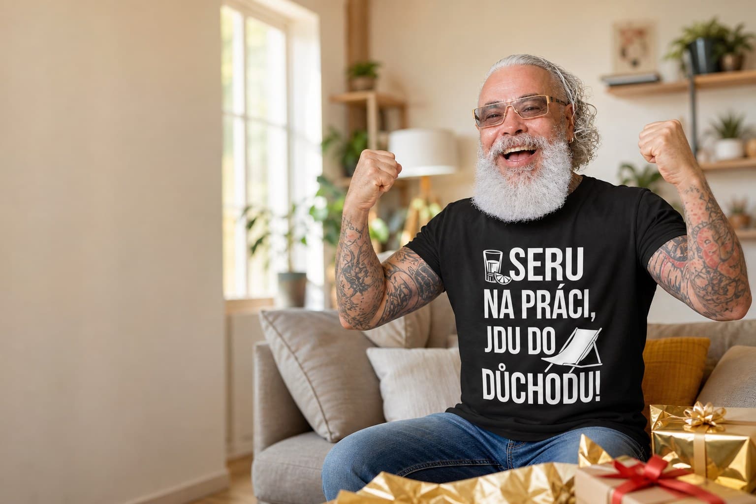 Muž v tričku s nápisem Jdu do důchodu