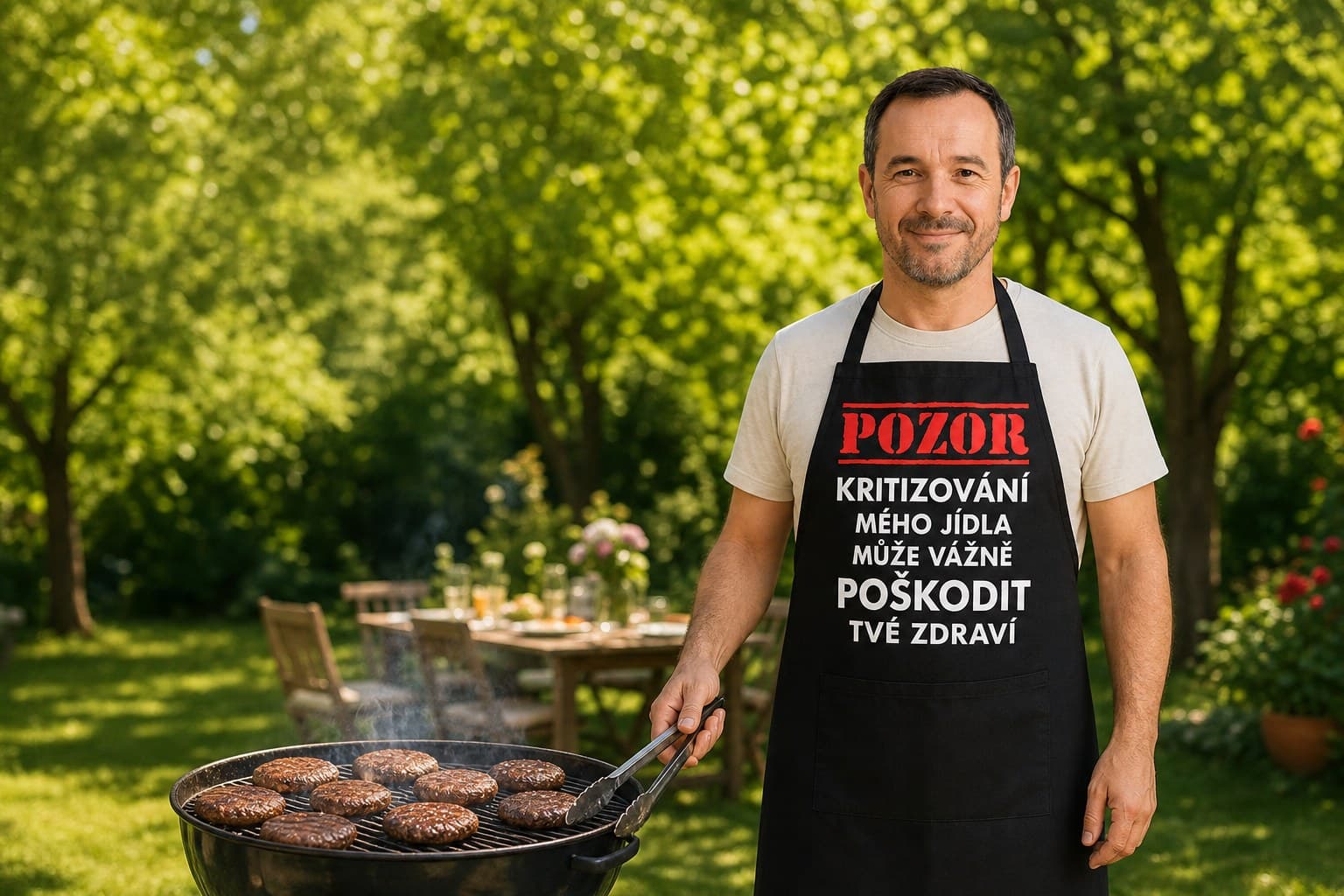 Grilování v zástěře s nápisem Pozor kritika mého jídla