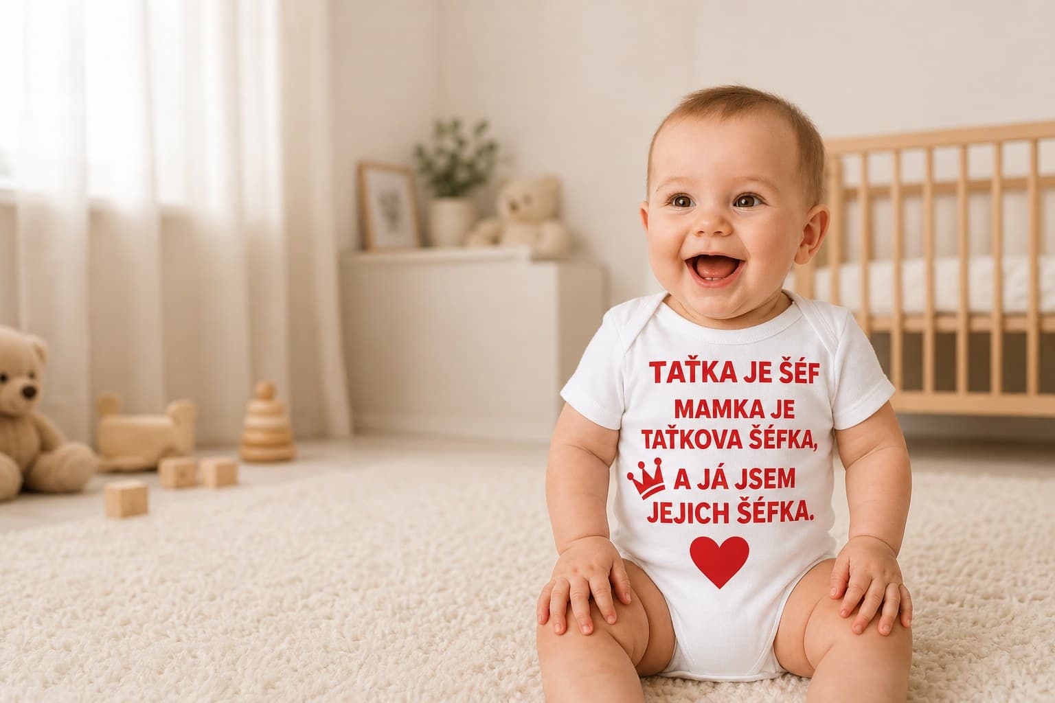 Miminko v dětském body s nápisem Taťka je šéf